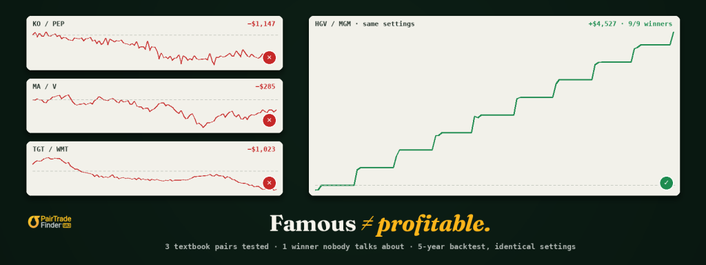 famous stock pairs to trade backtest — KO/PEP, MA/V, TGT/WMT losses vs HGV/MGM winner